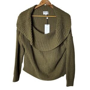 SNDYS NWT Sweater Sz S Off‎ Shoulder Ribbed Knit Cropped Green Brown Cowl Neck